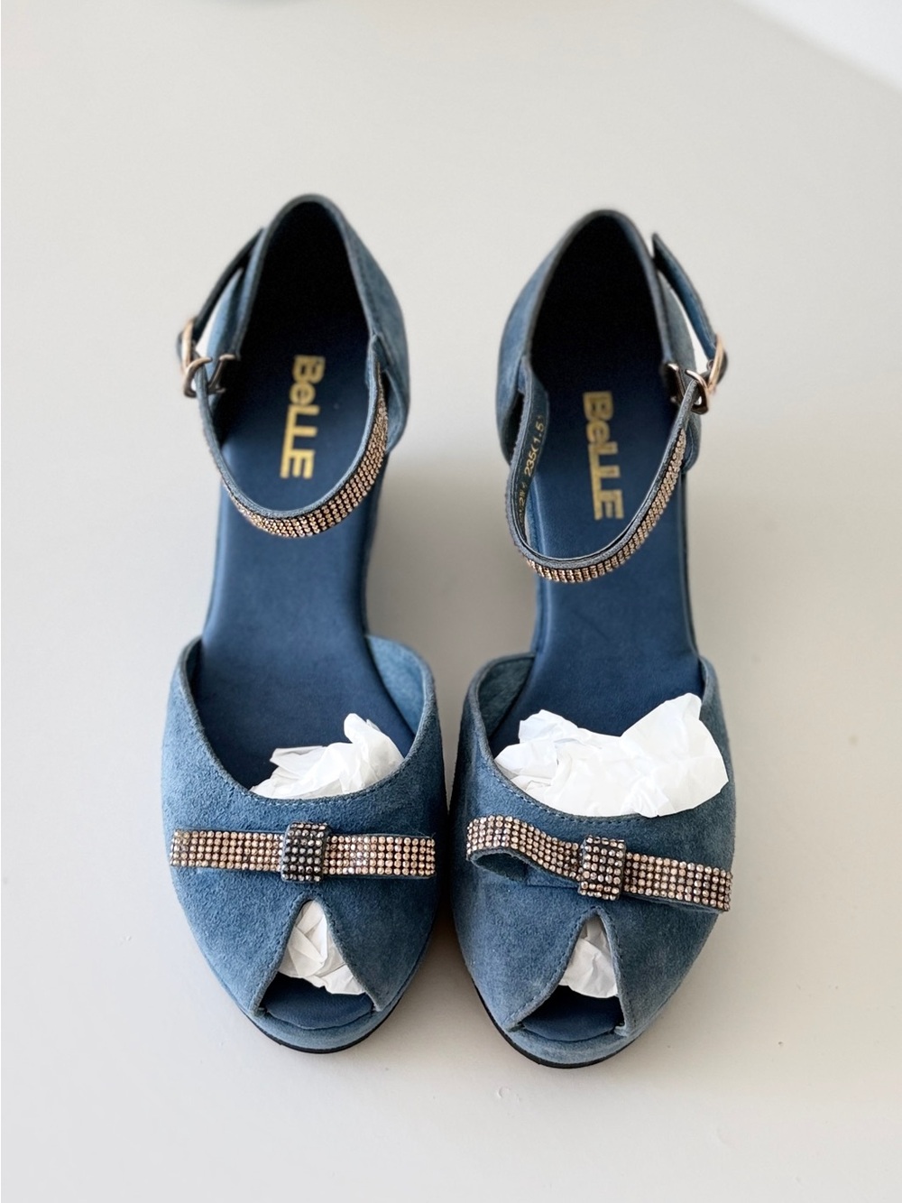 Belle Women's Blue Suede Open-Toe Heels with Rhinestone Bow